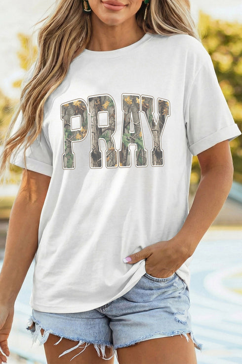 Pray Camo Letter Print Round Neck Faith Graphic Tee