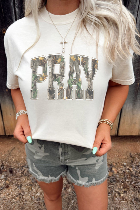 Pray Camo Letter Print Round Neck Faith Graphic Tee