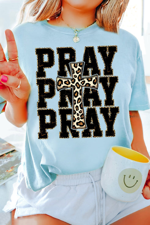 Pray Leopard Cross Graphic Loose Round Neck Faith Tee