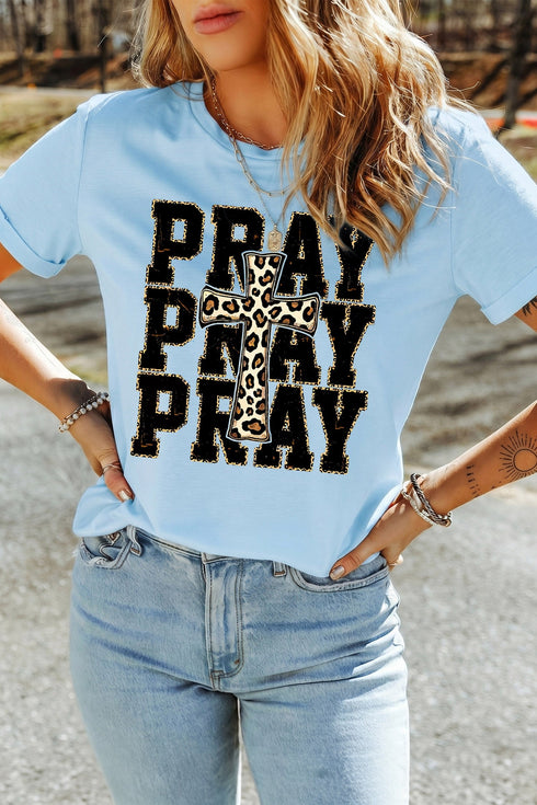 Pray Leopard Cross Graphic Loose Round Neck Faith Tee