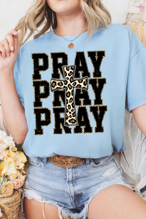 Pray Leopard Cross Graphic Loose Round Neck Faith Tee