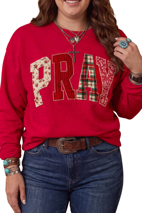 PRAY Letter Patchwork Round Neck Long Sleeve Sweatshirt