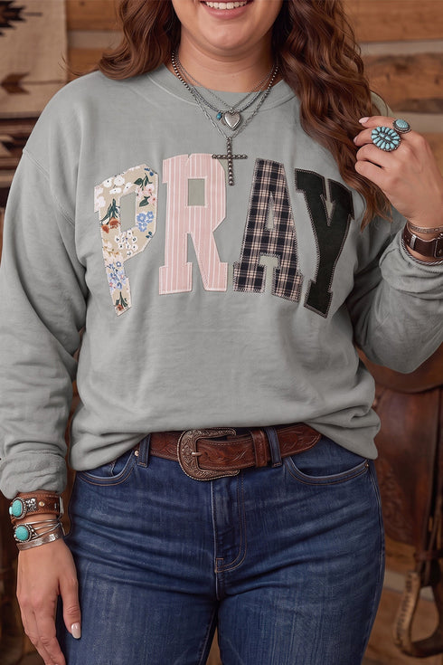 PRAY Letter Patchwork Round Neck Long Sleeve Sweatshirt