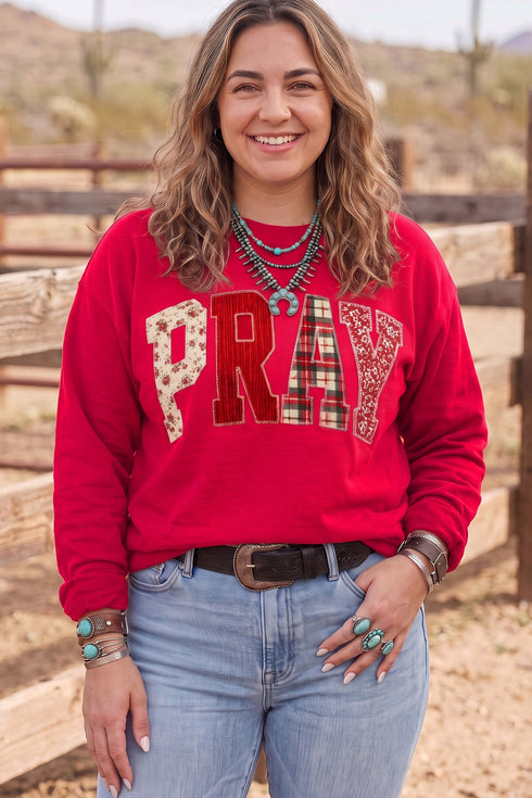 PRAY Letter Patchwork Round Neck Long Sleeve Sweatshirt