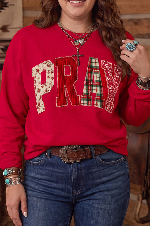 PRAY Letter Patchwork Round Neck Long Sleeve Sweatshirt