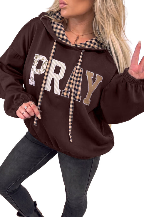 Pray Mixed Pattern Letter Graphic Plaid Drawstring Hoodie