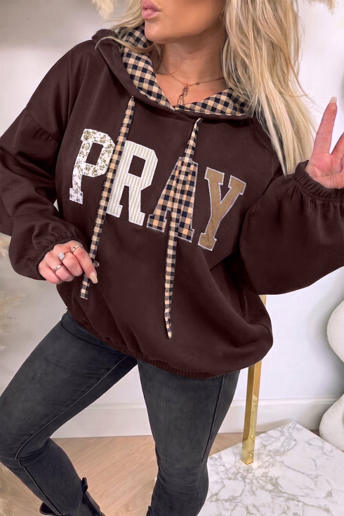 Pray Mixed Pattern Letter Graphic Plaid Drawstring Hoodie