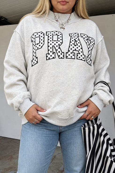 Pray Polka Dot Letter Applique Mock Neck Pullover Sweatshirt