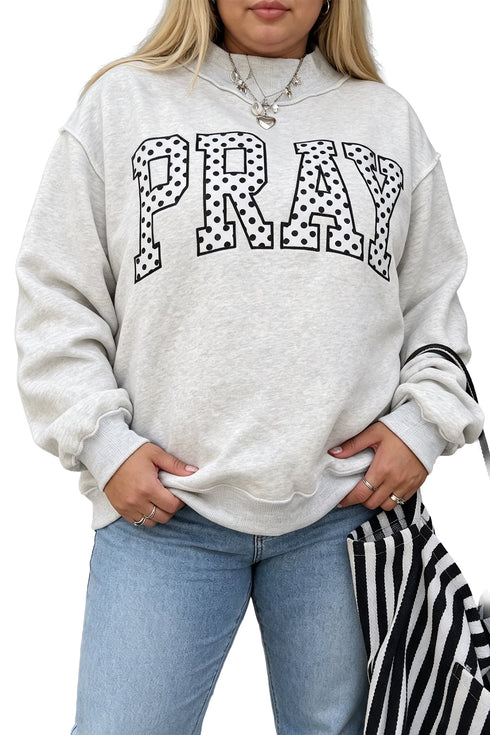 Pray Polka Dot Letter Applique Mock Neck Pullover Sweatshirt