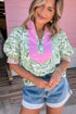 Preppy Botanical Leaf Print Contrast Placket Puff Sleeve Top