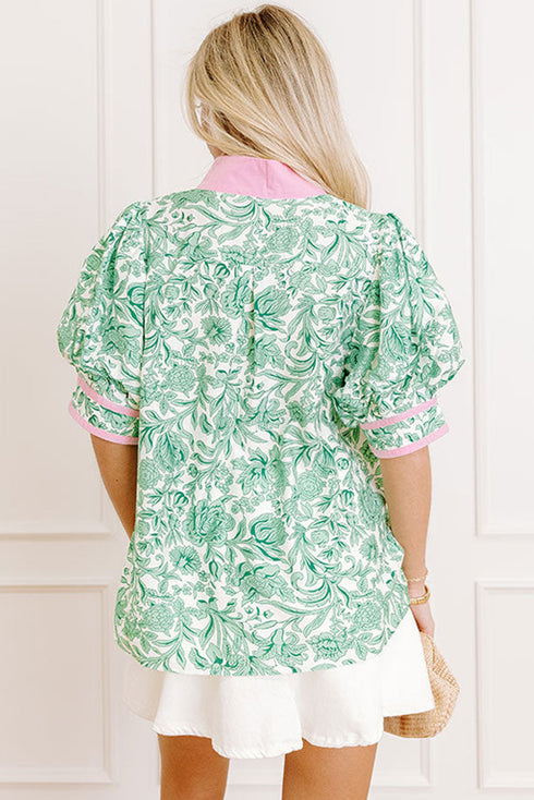 Preppy Botanical Leaf Print Contrast Placket Puff Sleeve Top