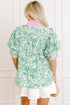 Preppy Botanical Leaf Print Contrast Placket Puff Sleeve Top