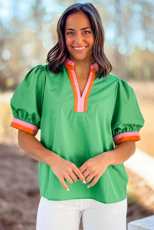 Preppy Contrast Trim Puff Sleeve Split Neck Popover Blouse