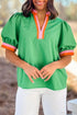 Preppy Contrast Trim Puff Sleeve Split Neck Popover Blouse