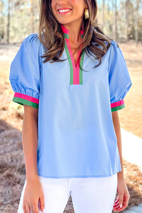 Preppy Contrast Trim Puff Sleeve Split Neck Popover Blouse