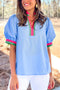 Preppy Contrast Trim Puff Sleeve Split Neck Popover Blouse