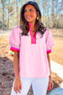Preppy Contrast Trim Puff Sleeve Split Neck Popover Blouse