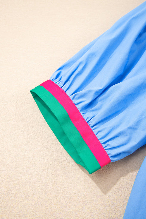 Preppy Contrast Trim Puff Sleeve Split Neck Popover Blouse