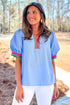 Preppy Contrast Trim Puff Sleeve Split Neck Popover Blouse