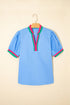 Preppy Contrast Trim Puff Sleeve Split Neck Popover Blouse