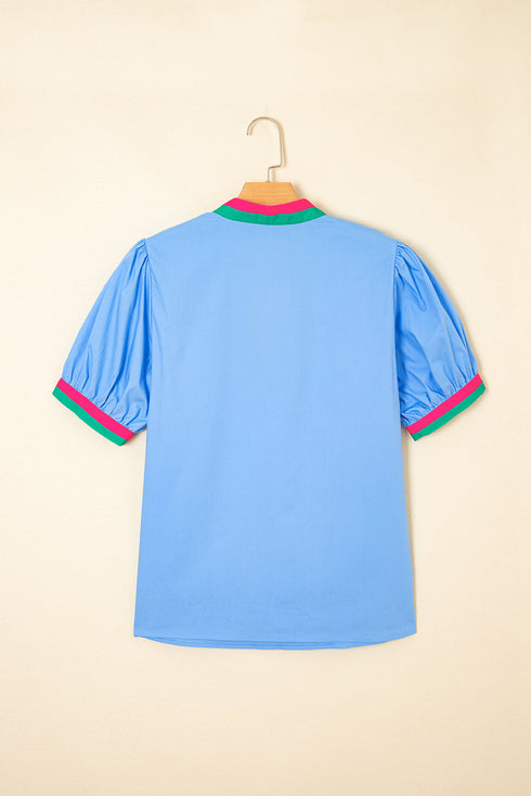 Preppy Contrast Trim Puff Sleeve Split Neck Popover Blouse