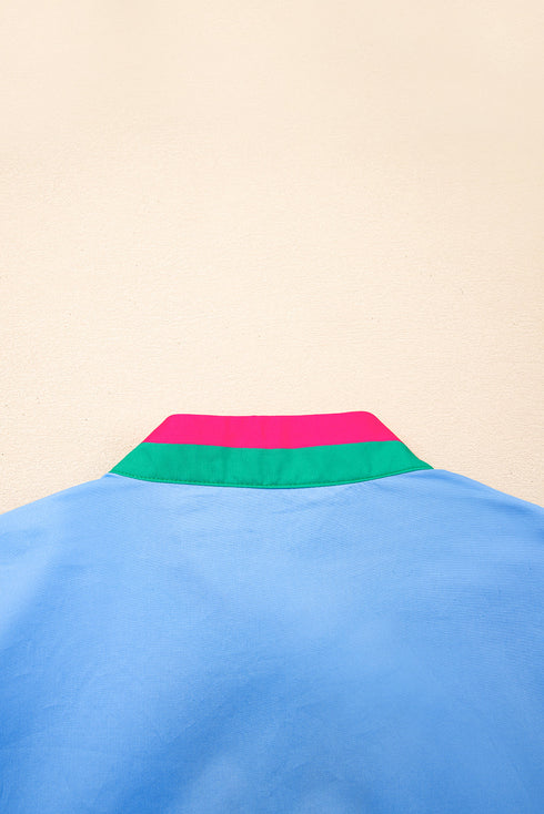 Preppy Contrast Trim Puff Sleeve Split Neck Popover Blouse