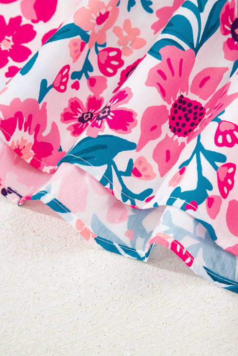 Preppy Floral Print Puff Sleeve Contrast Stripe Collar Blouse