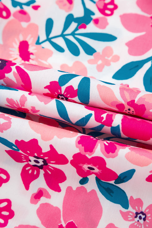 Preppy Floral Print Puff Sleeve Contrast Stripe Collar Blouse