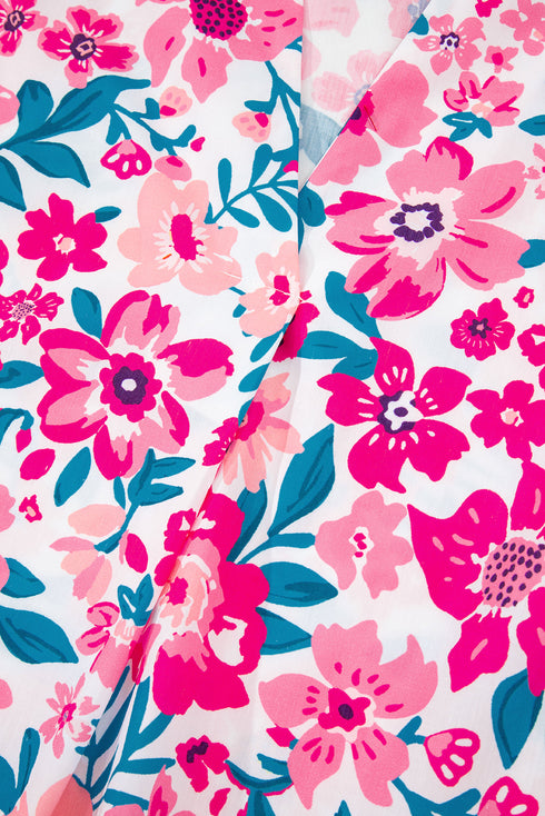 Preppy Floral Print Puff Sleeve Contrast Stripe Collar Blouse