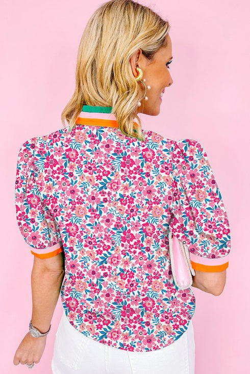 Preppy Floral Print Puff Sleeve Contrast Stripe Collar Blouse