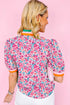 Preppy Floral Print Puff Sleeve Contrast Stripe Collar Blouse