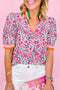 Preppy Floral Print Puff Sleeve Contrast Stripe Collar Blouse