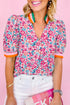 Preppy Floral Print Puff Sleeve Contrast Stripe Collar Blouse