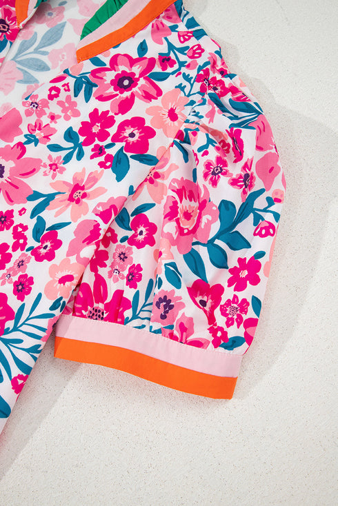Preppy Floral Print Puff Sleeve Contrast Stripe Collar Blouse