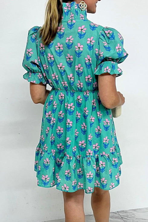 Preppy Floral Print Ruffled Tie Neck Smocked Waist Mini Dress