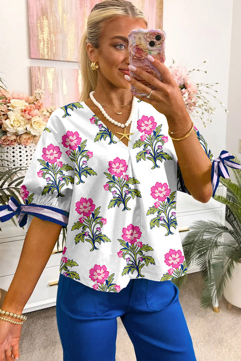 Preppy Floral Print V Neck Blouse With Contrast Tie Knot Sleeves