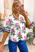 Preppy Floral Print V Neck Blouse With Contrast Tie Knot Sleeves
