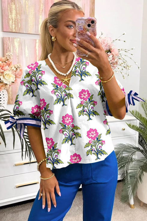 Preppy Floral Print V Neck Blouse With Contrast Tie Knot Sleeves