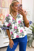 Preppy Floral Print V Neck Blouse With Contrast Tie Knot Sleeves