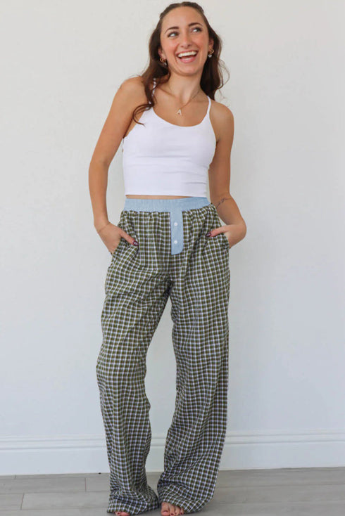 Preppy Gingham Contrast Waist Boxer Wide Leg Pants