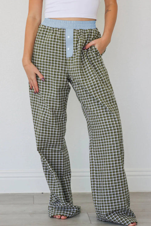 Preppy Gingham Contrast Waist Boxer Wide Leg Pants