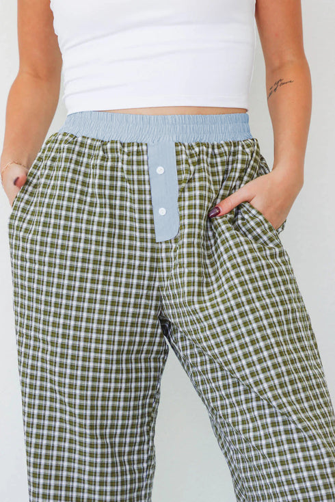 Preppy Gingham Contrast Waist Boxer Wide Leg Pants