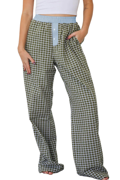 Preppy Gingham Contrast Waist Boxer Wide Leg Pants