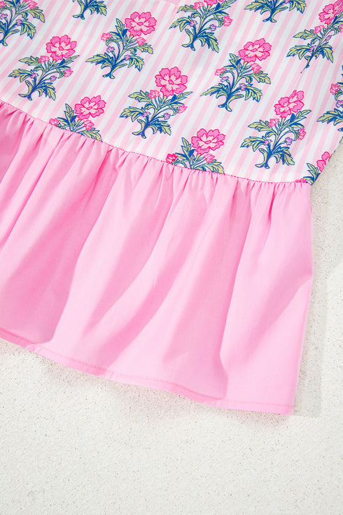 Preppy Patchwork Floral Stripe Puff Sleeve V Neck Peplum Top