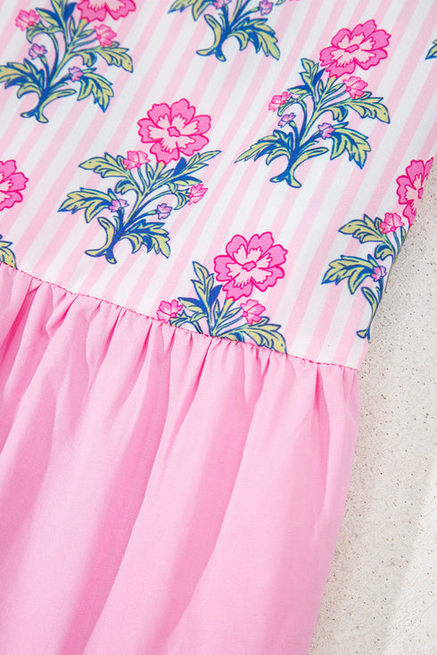 Preppy Patchwork Floral Stripe Puff Sleeve V Neck Peplum Top