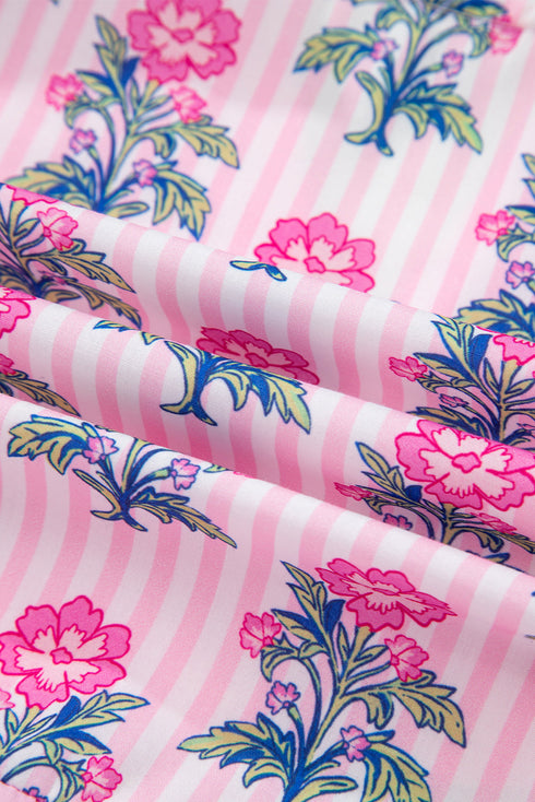 Preppy Patchwork Floral Stripe Puff Sleeve V Neck Peplum Top