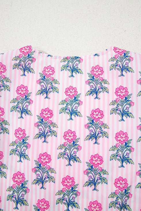 Preppy Patchwork Floral Stripe Puff Sleeve V Neck Peplum Top