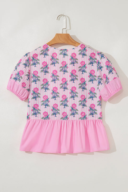 Preppy Patchwork Floral Stripe Puff Sleeve V Neck Peplum Top
