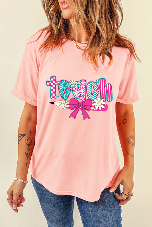 Preppy Retro Coquette Teach Graphic Print Teacher Tee Shirt