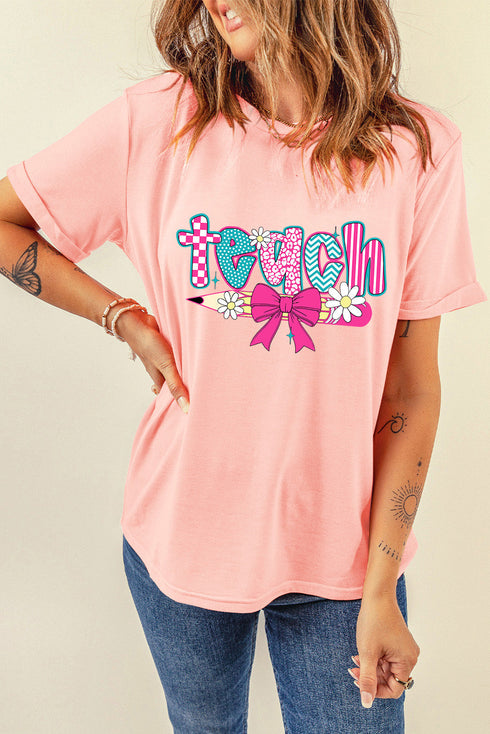 Preppy Retro Coquette Teach Graphic Print Teacher Tee Shirt